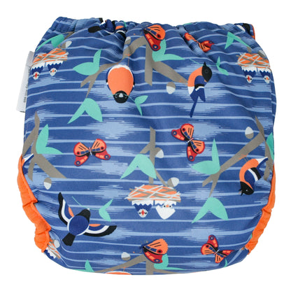 Back Of Blue Orange Pop-in One Size Twilight Garden Reusable Cloth Nappy, With Velcro Fastening